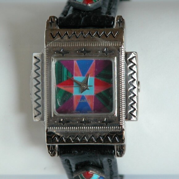 Vtg 80s 90s Watch Southwest Turquoise Inlay NOS Rainbow Timepiece - Picture 6 of 12